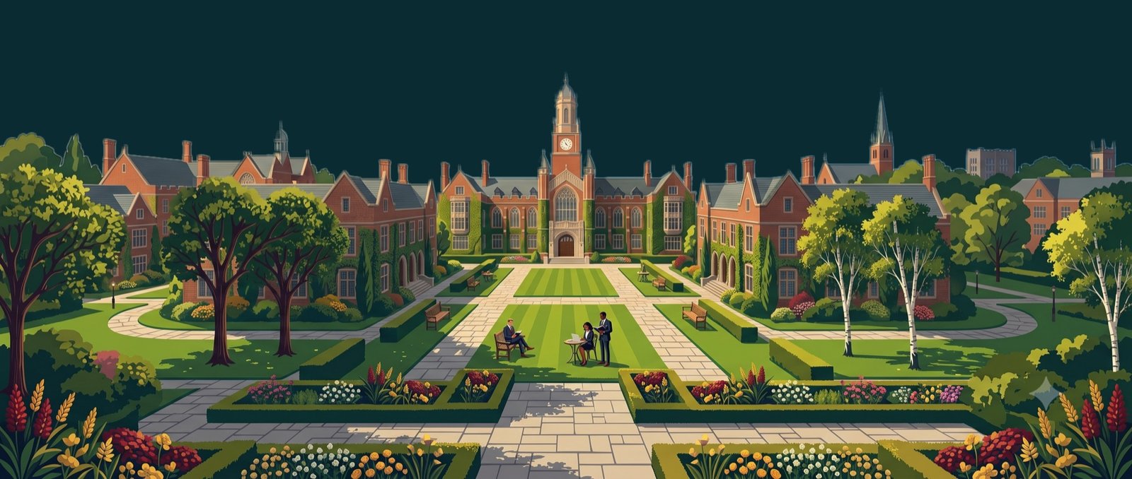 Illustrated university campus with a clock tower, gardens and students studying on the lawn